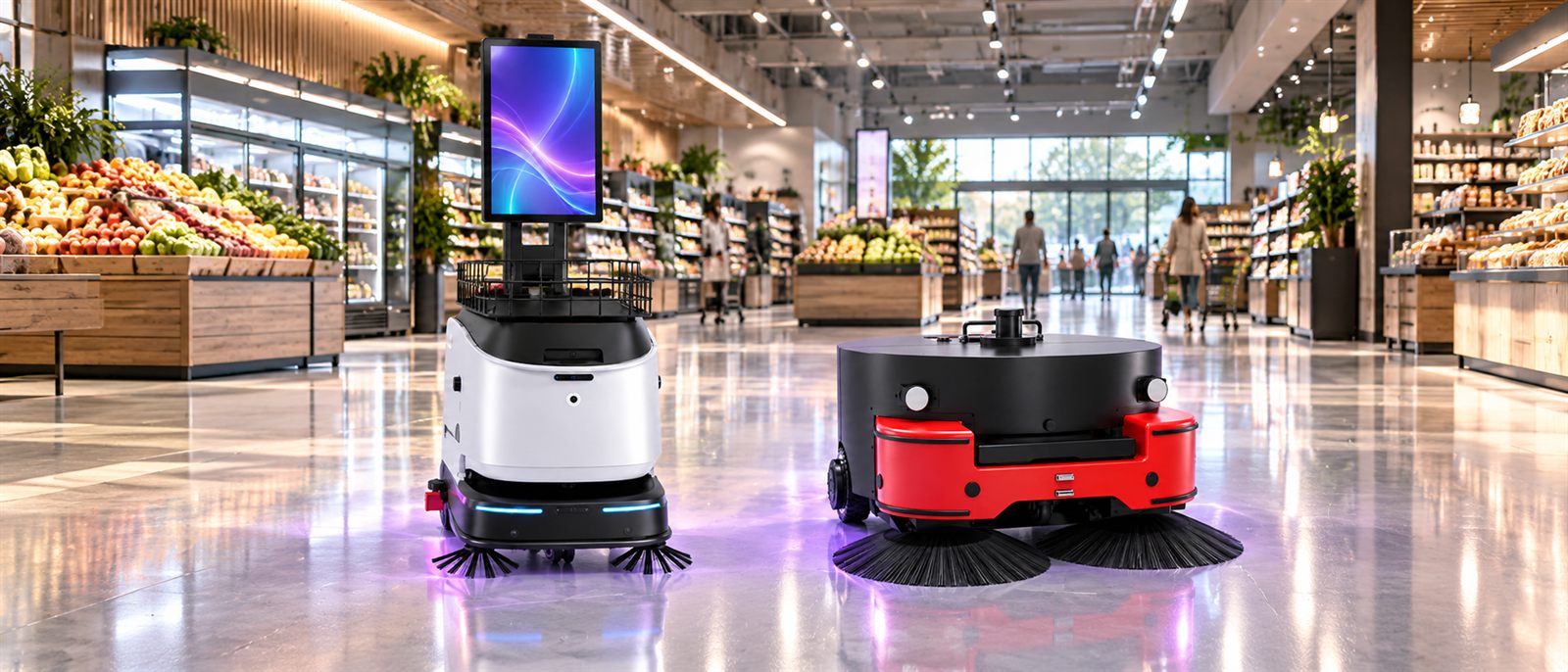 ÆNIX PURE ONE ADVERTISING and PURE SWEEP robots in a supermarket