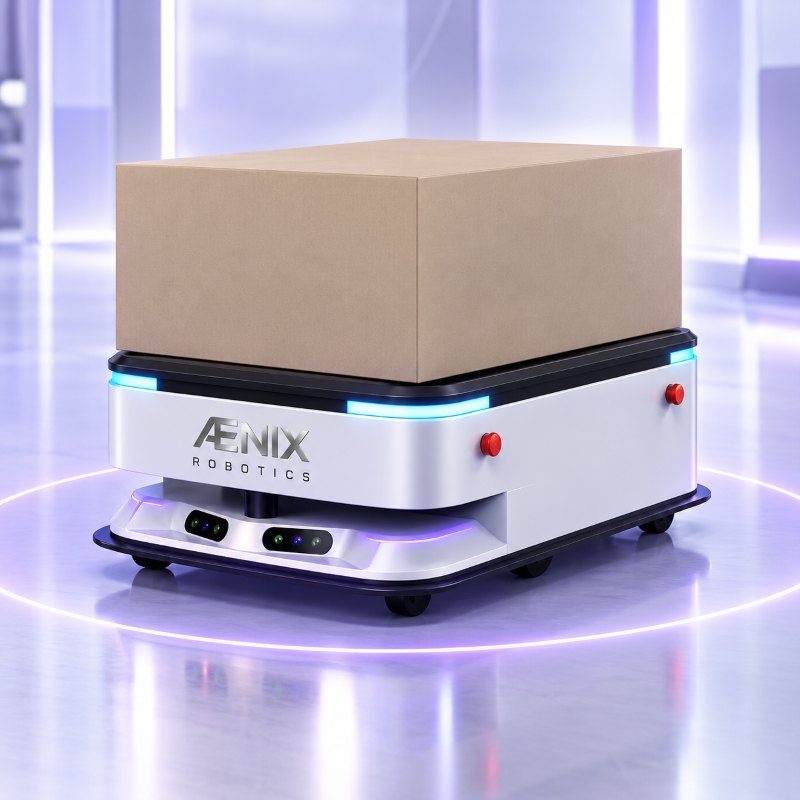 Robot mobile autonome ÆNIX transportant un carton sur son plateau