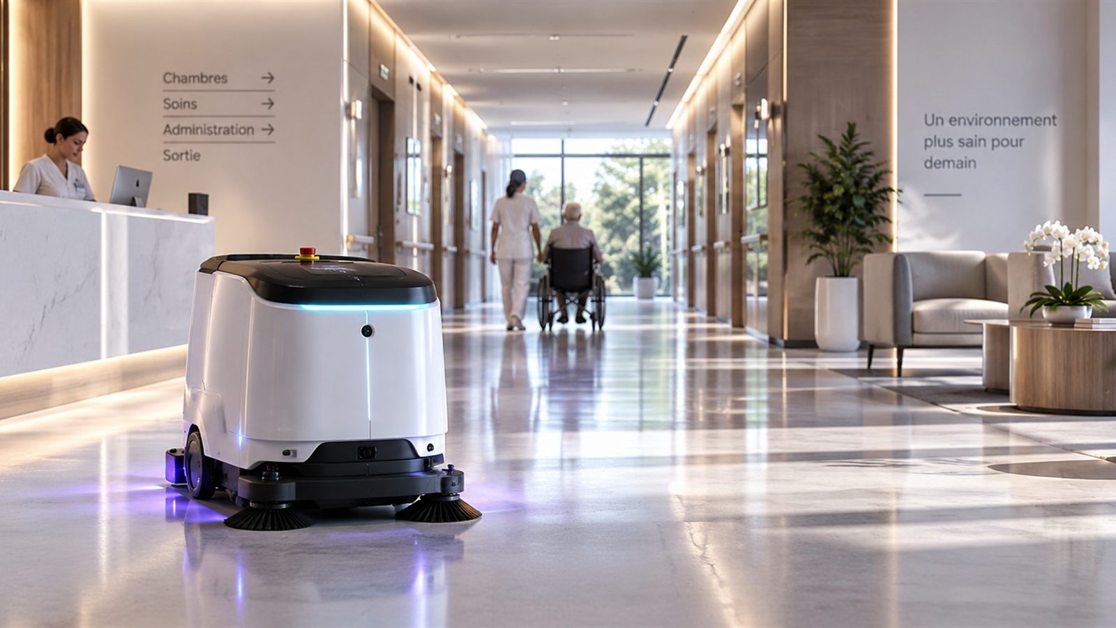 Robot ÆNIX PURE QUIET nettoyant le couloir d'un établissement de santé