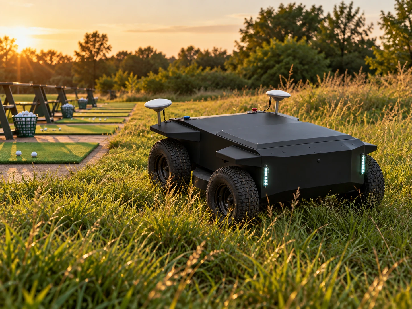 ÆNIX GREEN ONE autonomous mowing robot mowing the rough at a golf driving range