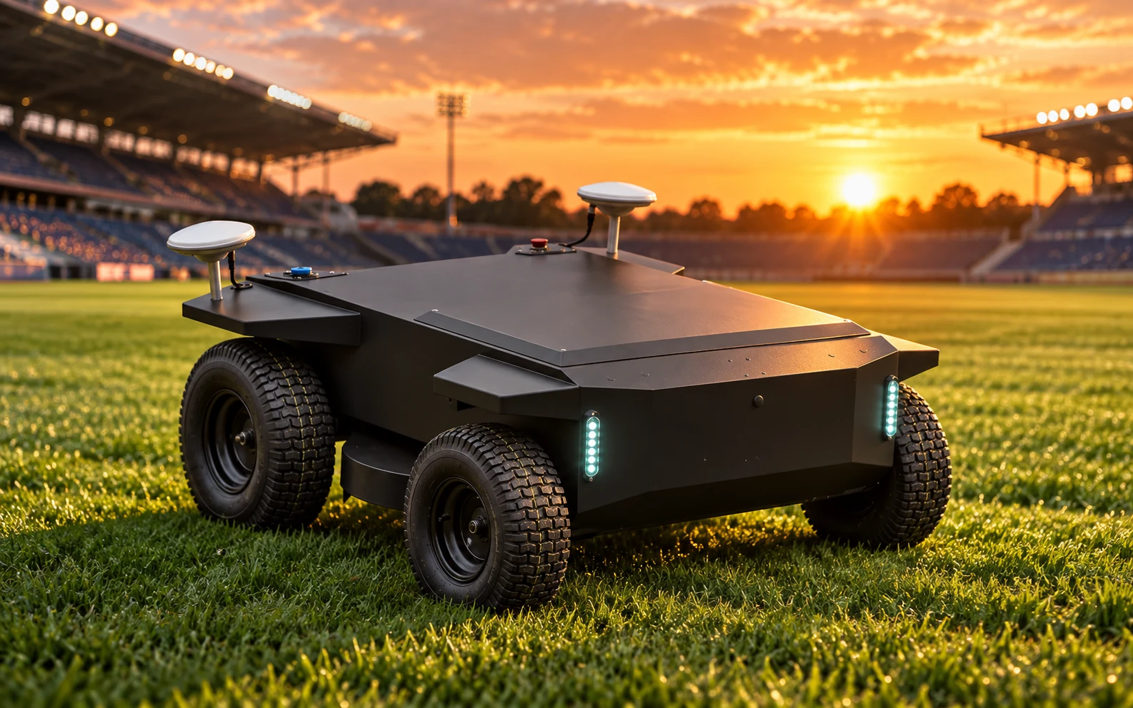 Robot de tonte autonome ÆNIX GREEN ONE noir mat à quatre roues et deux antennes GNSS, sur une pelouse de stade au coucher du soleil