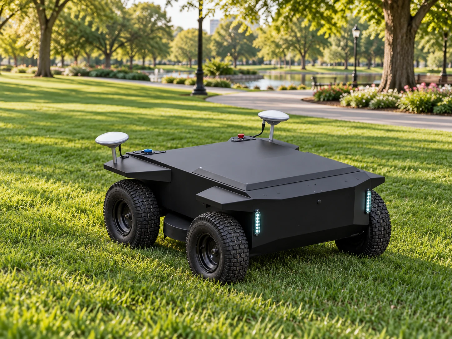 ÆNIX GREEN ONE autonomous mowing robot on a large lawn in a municipal park