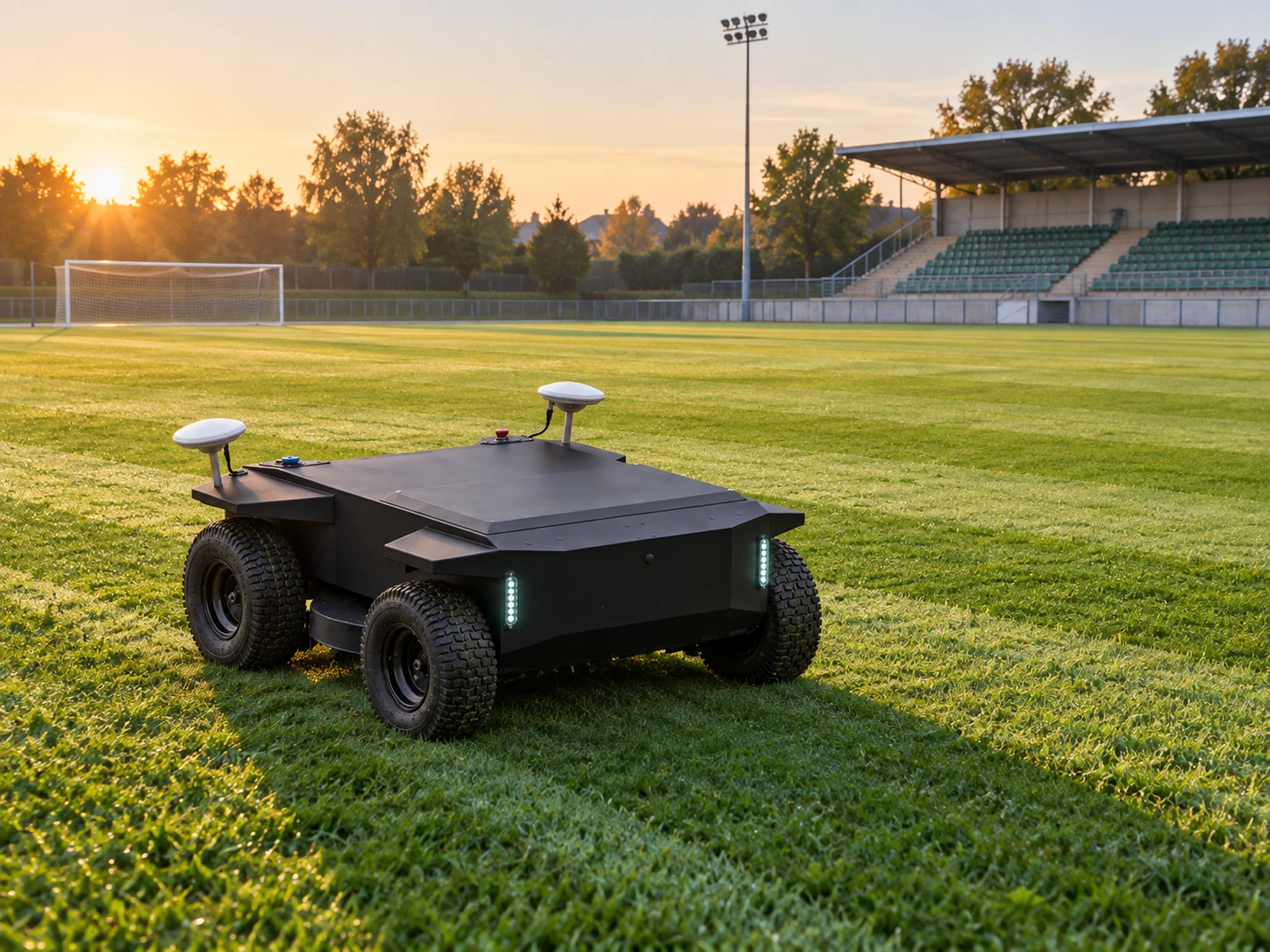 Robot de tonte autonome ÆNIX GREEN ONE sur un terrain de football municipal