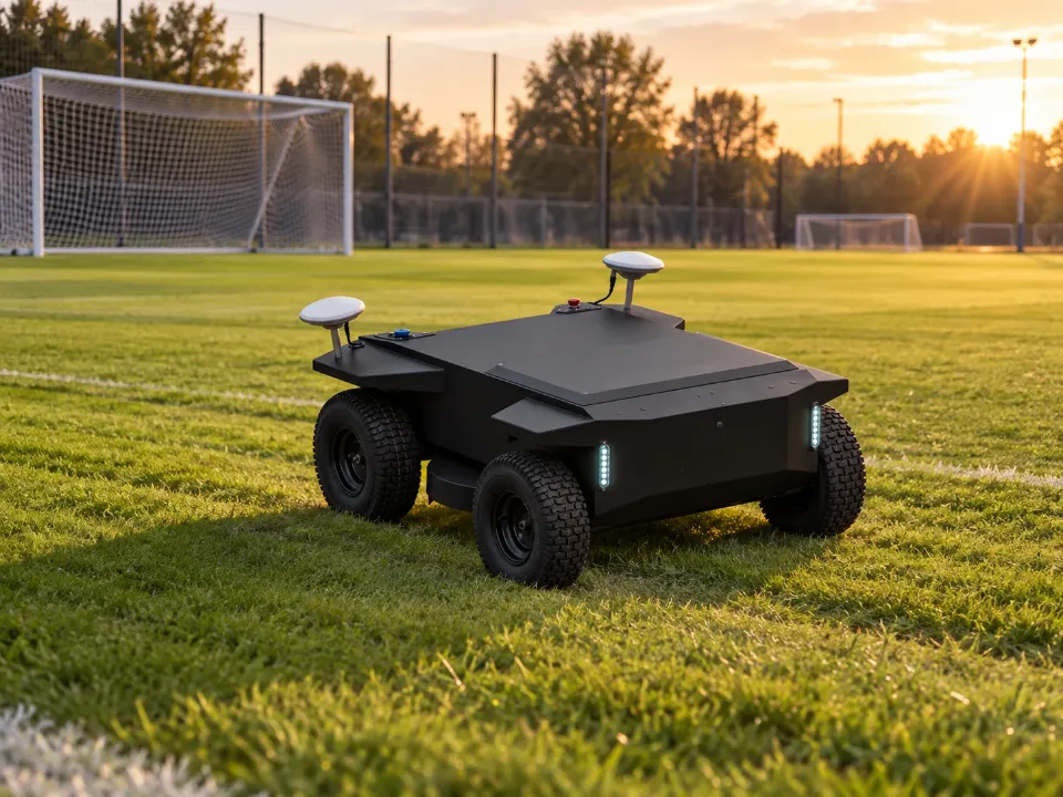 Robot de tonte autonome ÆNIX GREEN ONE sur un terrain d’entraînement de club sportif, à côté d’un but