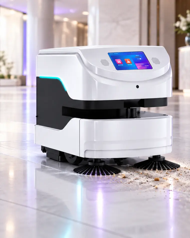 Robot ÆNIX PURE ONE LITE nettoyant le sol d’un hall professionnel