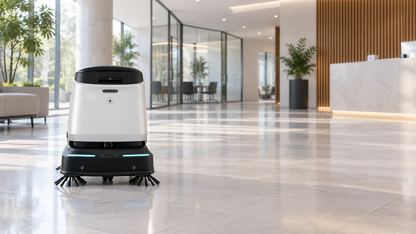 ÆNIX PURE ONE cleaning robot in an office building lobby