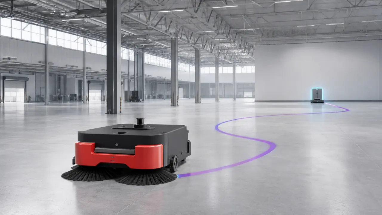 ÆNIX PURE SWEEP in a large factory, with its route leading back to its charging station