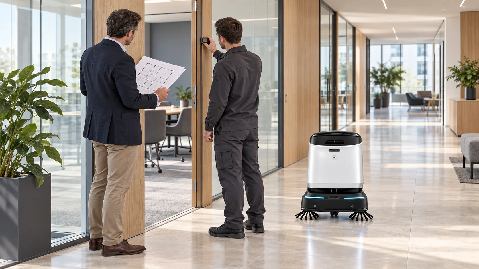 Checking a building’s doorways and plan before a robotic cleaning project
