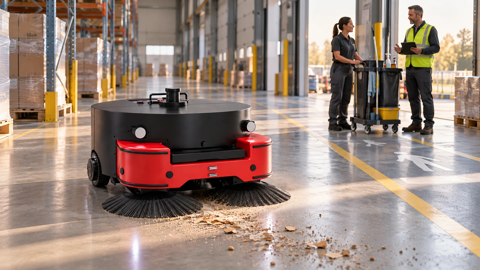 Robot PURE SWEEP ramassant des débris secs dans une allée d’entrepôt