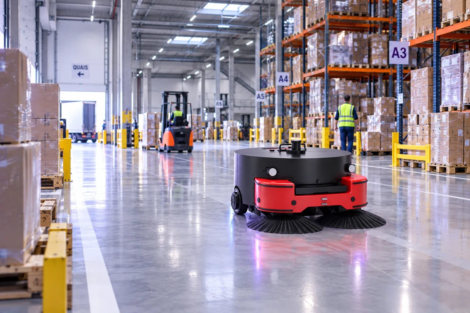 Robot de nettoyage autonome en activité dans un entrepôt