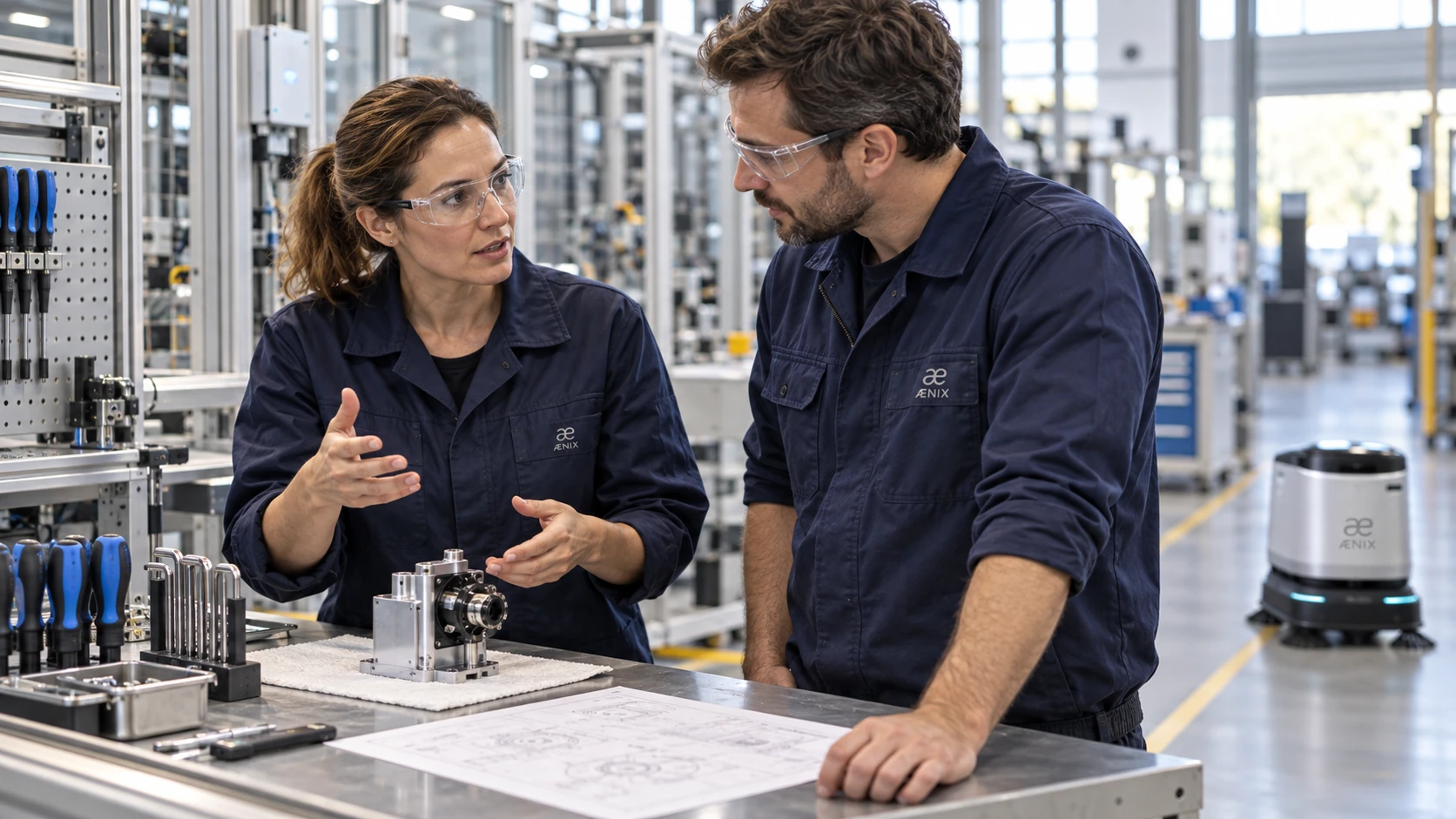 Équipes de production dans un atelier équipé de robotique