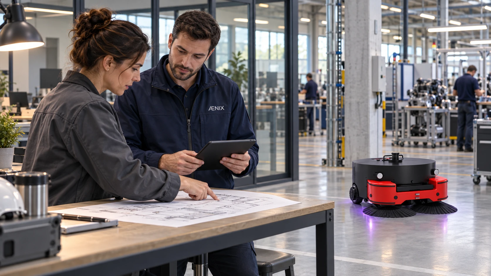 Technicien ÆNIX et responsable industriel préparant un déploiement robotique