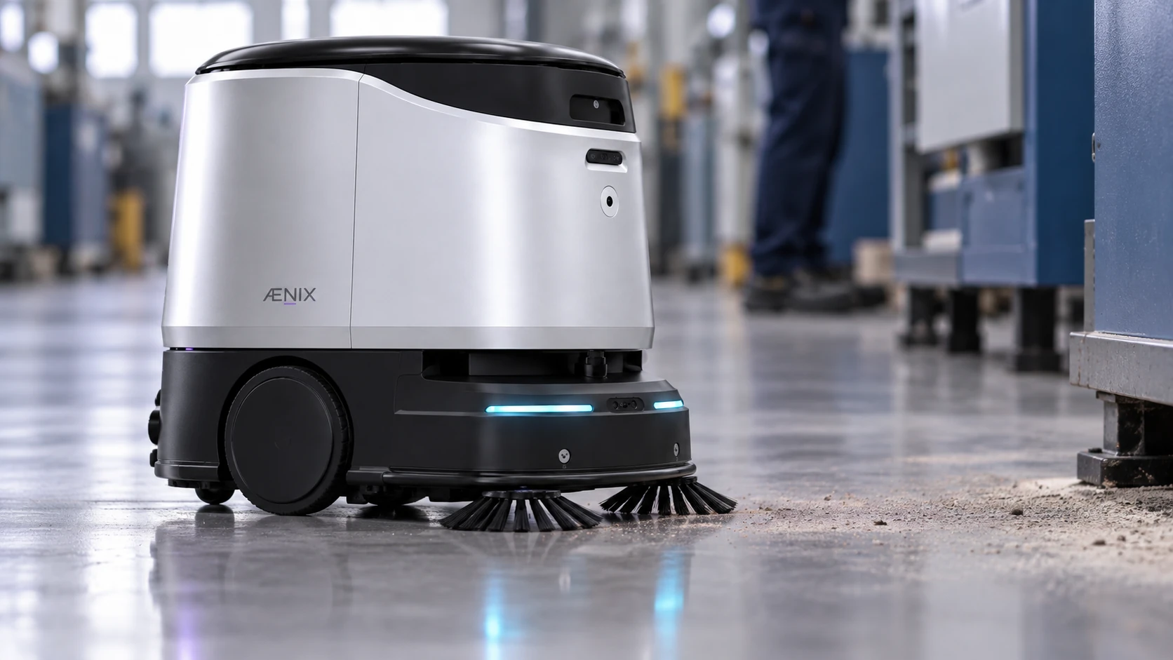 Robot de nettoyage ÆNIX sur le sol d’un atelier industriel