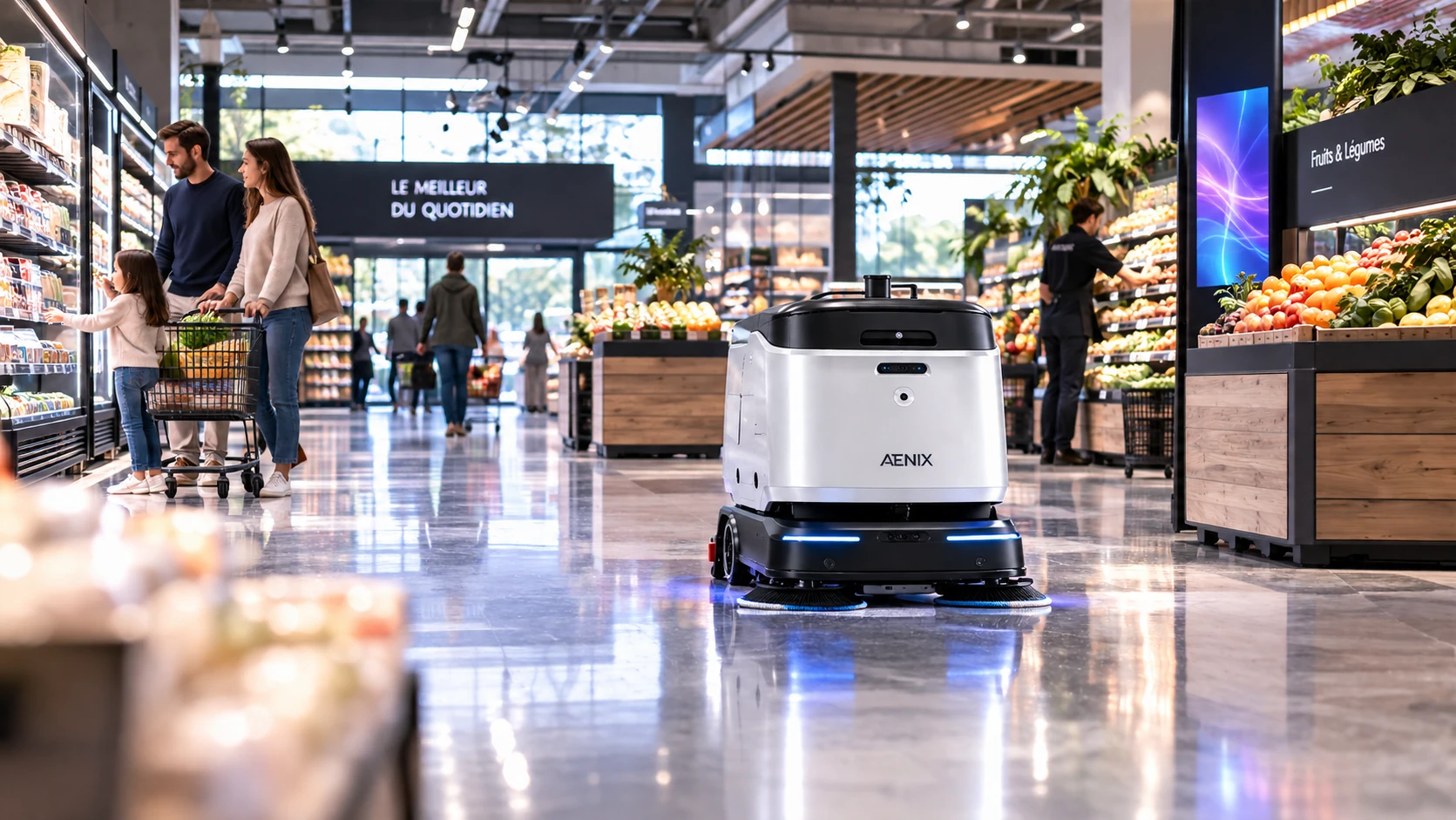 Robot autonome évoluant dans un magasin avec des clients