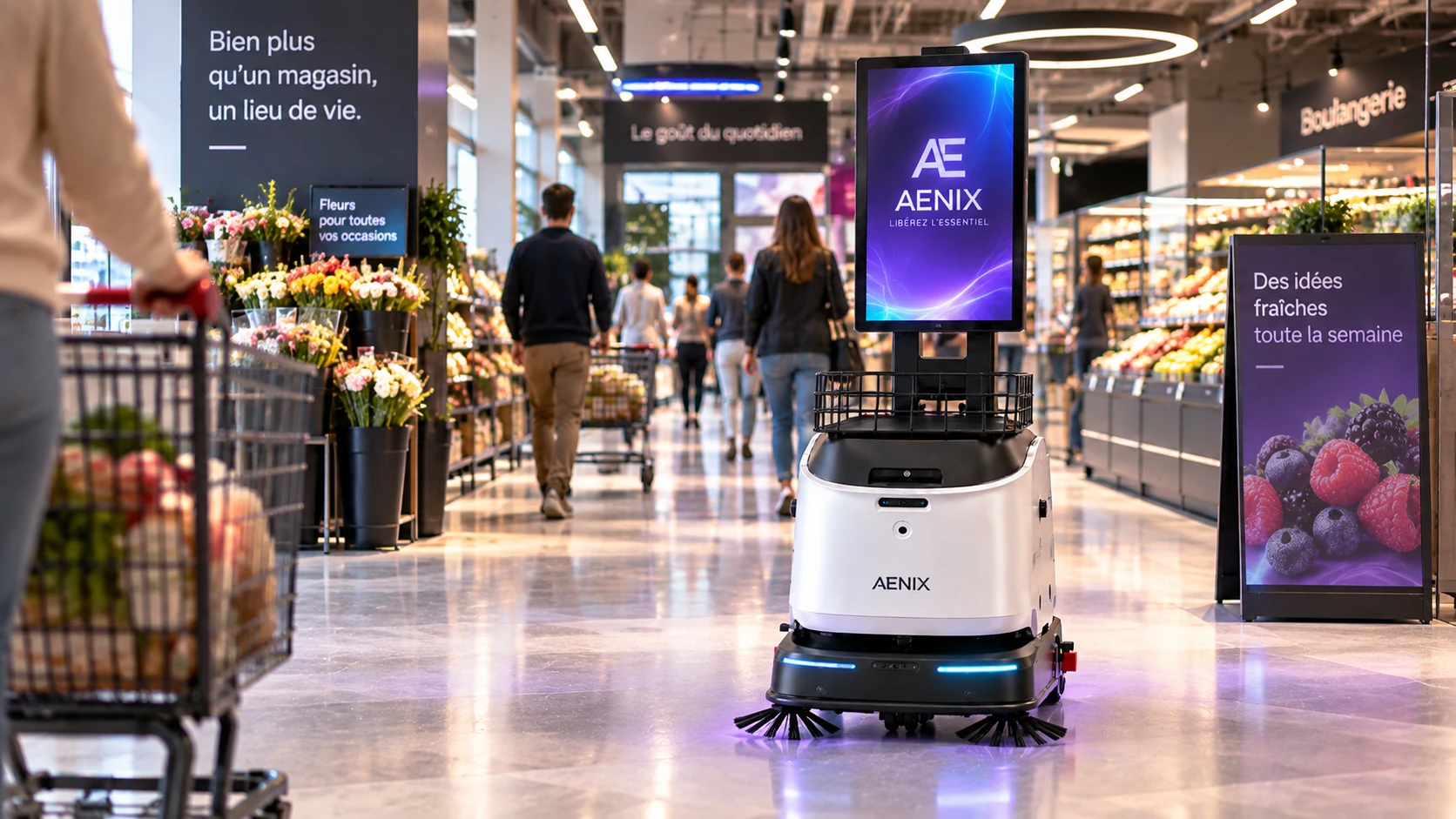 Robot avec écran de communication dans une surface commerciale