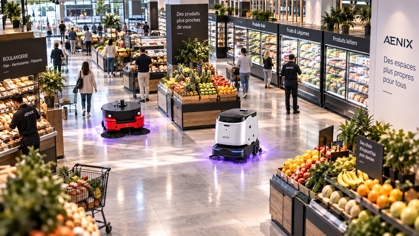 Solutions de balayage et nettoyage robotisé pour supermarché