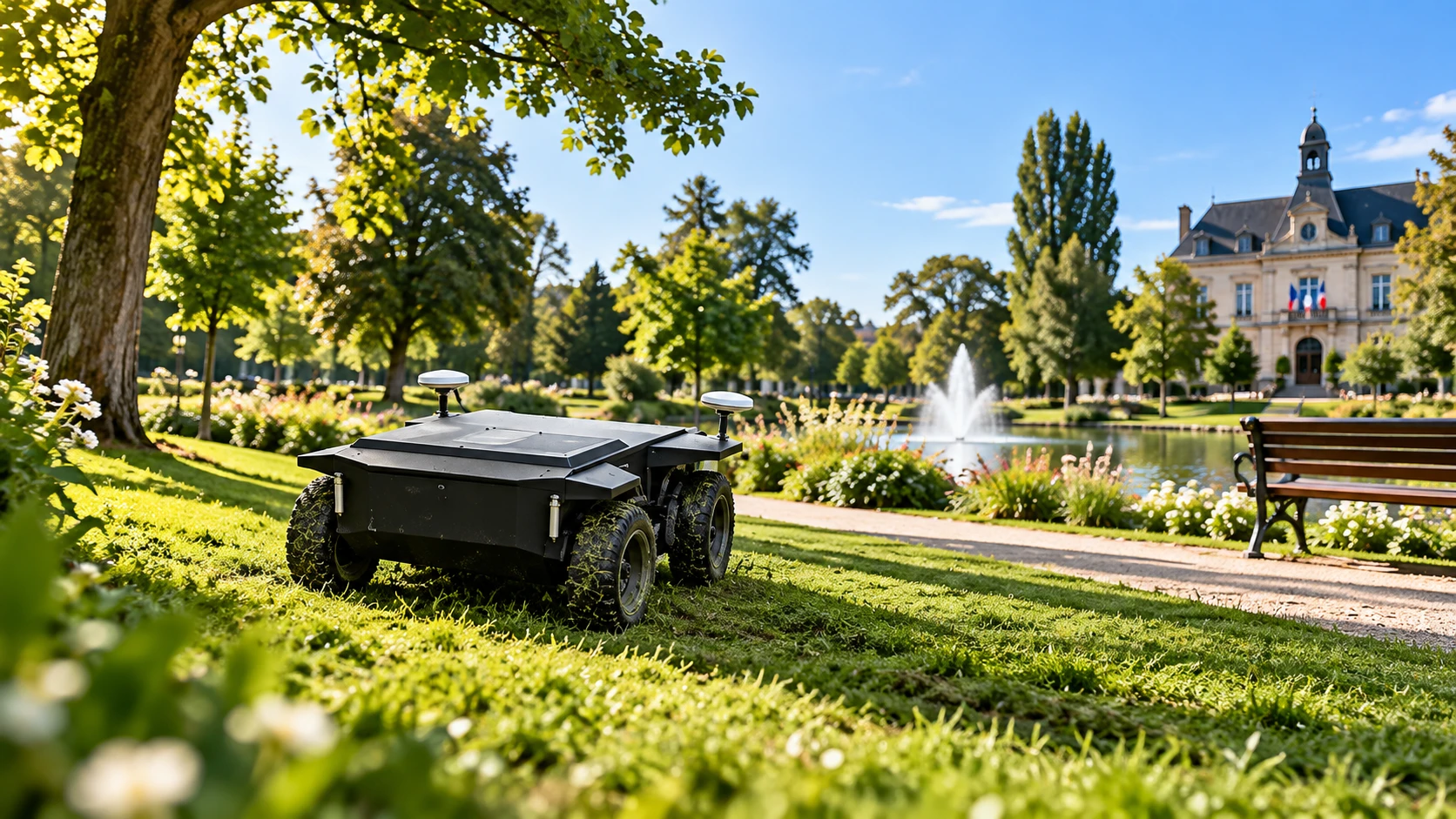 Autonomous robot lawn mower in a municipal park