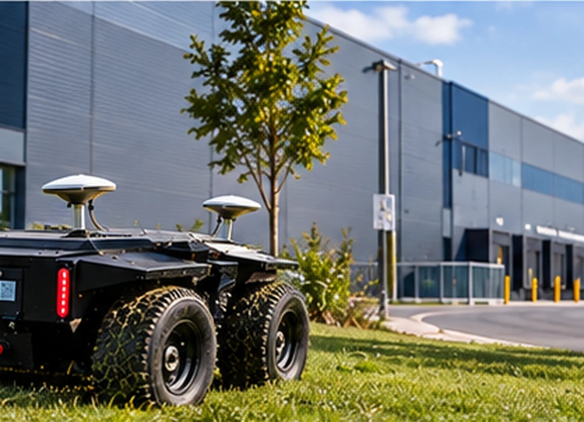 Robot tondeuse autonome sur un site industriel
