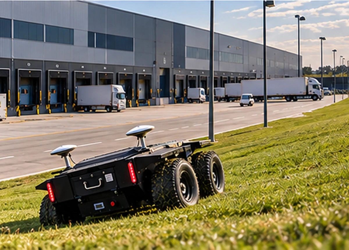 Robot tondeuse professionnel sur une plateforme logistique