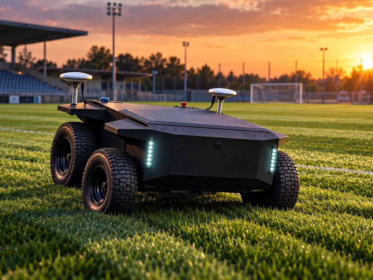 Robot tondeuse professionnel sur un terrain d’entraînement sportif