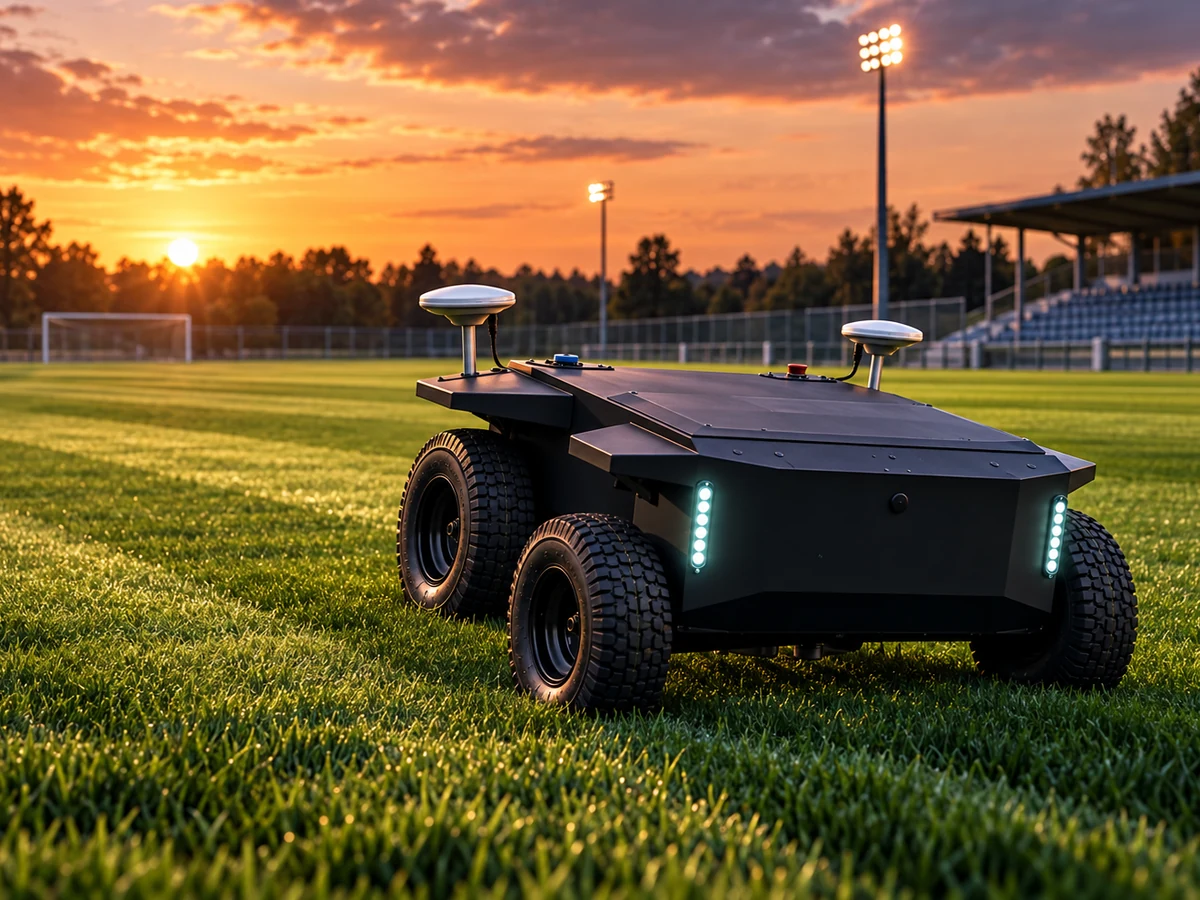 Robot tondeuse autonome sur un terrain de football municipal