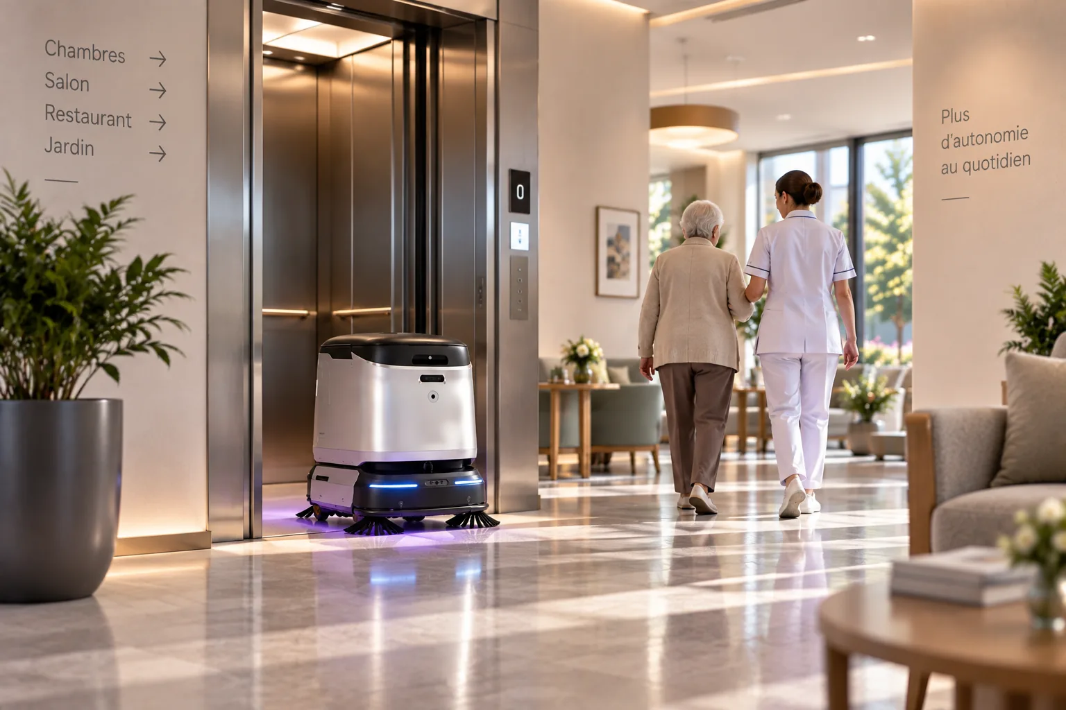 Robot autonome circulant avec les équipes d’un établissement