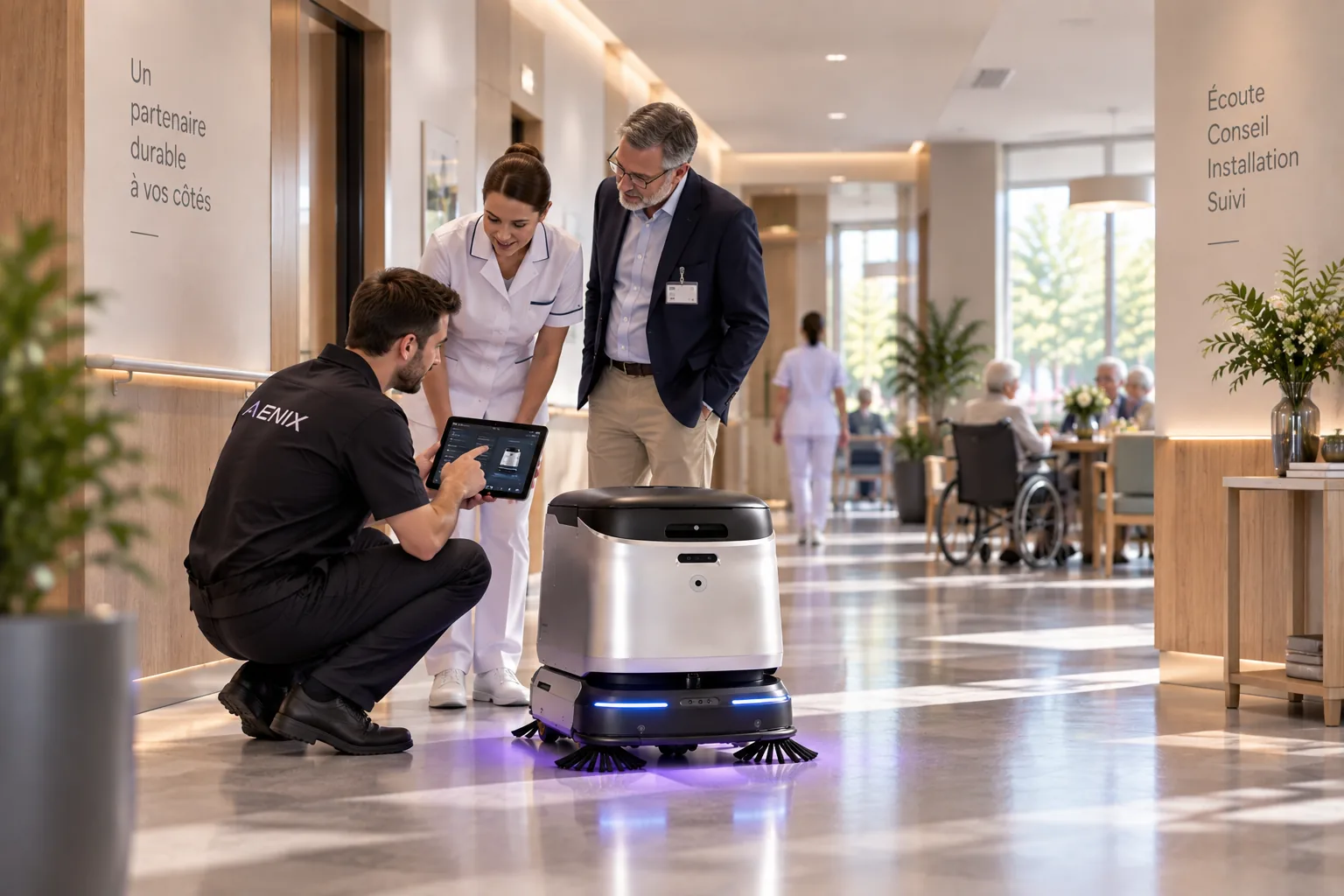 Technicien ÆNIX préparant le déploiement d’un robot en EHPAD